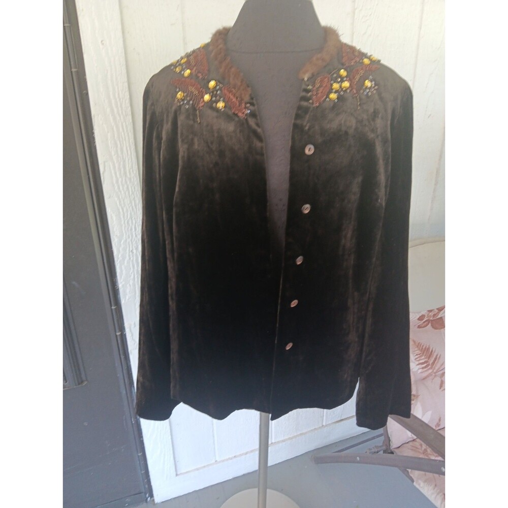 Vintage Worth Mink Trim Brown Velvet Jacket w/Gold Embroidery Sz 8